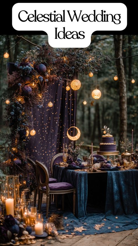 A  beautiful celestial wedding setup featuring a boho-inspired arch, midnight blue and gold accents, plum and gold decor, a celestial-themed cake, and unique wedding favors with a cosmic-inspired seating chart. Perfect for a magical, starry wedding celebration. Magical Themed Wedding, Witchy Wedding Venue Ideas, Dark Whimsy Wedding, Witchy Fall Wedding Ideas, January Wedding Themes, Modern Wedding Trends, Celestial Flower Arrangement, Fantasy Wedding Centerpieces, Acotar Themed Wedding