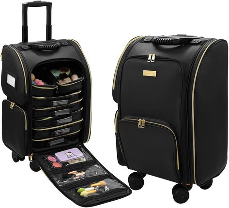 Amazon.com: Tense Edano Large Capacity Softed Sided PU Leather Trolley Makeup Train Case Cosmetics Travel Storage Organizer with Wheels Black Rolling Make up Vanity Case with Small PVC pouches : Beauty & Personal Care Rolling Makeup Case, Makeup Train Case, Makeup Training, Vanity Case, Train Case, Travel Storage, Cosmetic Organizer, Makeup Case, Storage Organizer