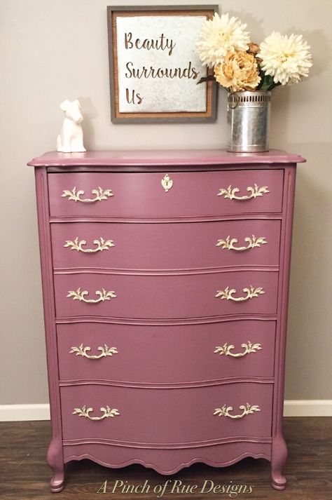 Painted dresser. French provincial dresser painted bright mauve by A Pinch of Rue Designs Mauve Dresser, Lavender Dresser, Condo Aesthetic, Pink Dresser, Provincial Dresser, Dresser Ideas, Dresser Painted, French Provincial Dresser, Pink Furniture