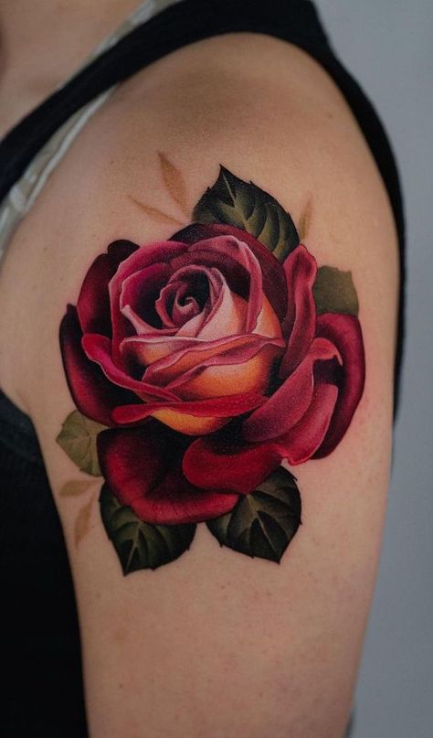 best rose tattoo ideas on the internet 2023 Burgundy Rose Tattoo, Fixed Tattoos Before And After, Red Rose Tattoo On Shoulder, Colour Rose Tattoo, 3 Roses Tattoo Design, Colored Rose Tattoo, 2 Roses Tattoo, Rose Tattoo Color, Color Rose Tattoo