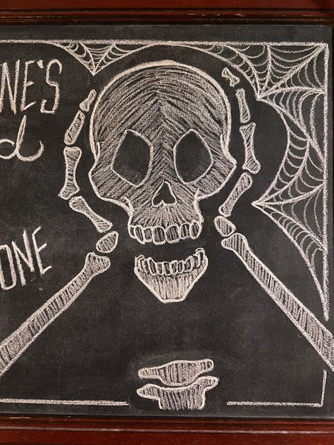 Music Chalkboard Art, Halloween Bar Chalkboard Art, Aesthetic Chalkboard Ideas, House Chalkboard Ideas, Window Drawing Halloween, Skeleton Chalk Art, Work Chalkboard Ideas, Cauldron Painting Ideas, Halloween Blackboard Chalk Art