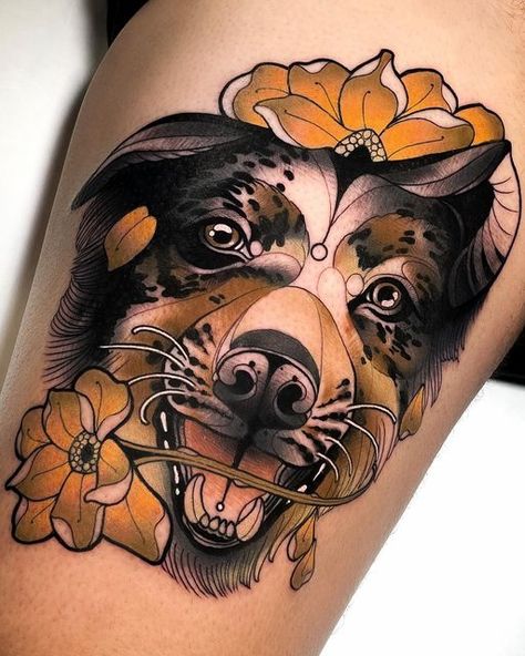 Neo Trad Pet Portrait, Golden Retriever Tattoo, France Tattoo, Neo Trad Tattoo, Traditional Tattoo Inspiration, Horse Tattoo, Neo Traditional, Mom Tattoos, Tattoo Stencils