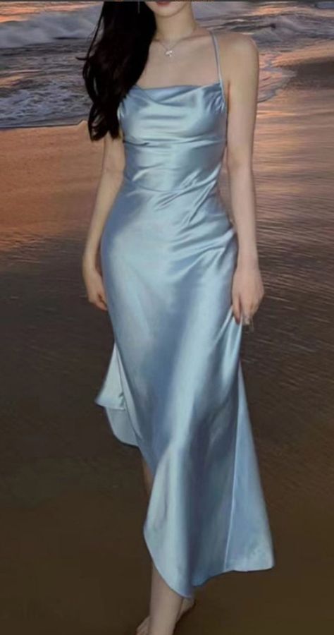 Aesthetic Blue Halter Silk Satin Maxi Dress. https://pradize.com/collection/classy-evening-maxi-dresses-long-formal?menu= Formal Mid Length Dress, Dresses With Ruffles Classy, Light Blue Satin Dress Long, Blue Formal Outfit, Blue Dinner Dress, Satin Dress Outfit, Sleeveless Blue Dress, Silk Dresses Outfit, Promotion Dresses