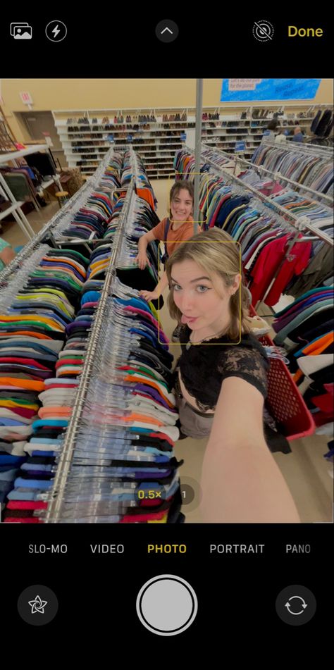 two girls smile for a point five selfie at a thrift store. Thrift Store With Friends, Thrifting Aesthetic Friends, Thrift Shopping With Friends, Thrifting With Friends Aesthetic, Thrifting With Friends, Shopping With Friends At The Mall, Friends Thrifting, Mall Pics With Friends, Shopping Mall Photo Ideas