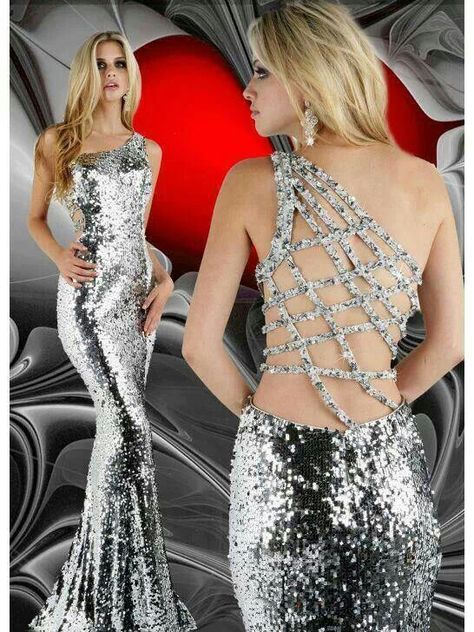 Stunning One Shoulder Prom Dress, Cheap Evening Dresses, Prom Dress Styles, Backless Prom Dresses, Grad Dresses, Shiny Silver, Beautiful Gowns, Tulle Dress, Fancy Dresses