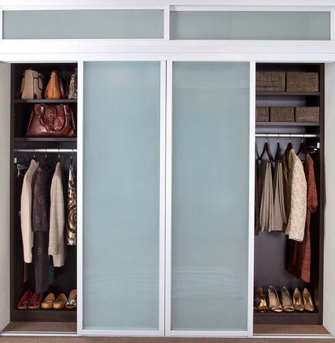 Multi-Unit Residential His and Her Closet Doors with Transom  #BarnDoorHardware #WallCubicles #ClosetDoors Aluminum Sliding Door, Closet Sliding Doors, Sliding Barn Door Closet, Office Room Dividers, Sliding Door Window Treatments, Glass Closet Doors, Contemporary Interior Doors, Glass Closet, Aluminium Sliding Doors