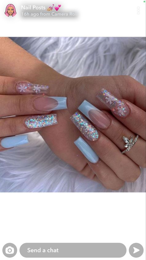 Baby Blue Christmas Nails, Long Winter Nails, Blue Snowflake Nails, Light Blue Nail Designs, Blue Christmas Nails, Light Blue Nails, Baby Blue Nails, Winter Nails Acrylic, Blue Nail Designs