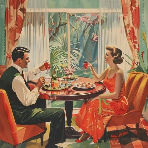 Retro Housewife Illustration, Vintage Housewife Aesthetic, 50s Housewife Aesthetic, Vintage 50s Aesthetic, Commercial Aesthetic, Vintage 1950s Aesthetic, Traditional Wife, Couple Characters, 1950s Women