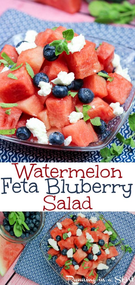 Red White And Blue Food, Watermelon Feta Salad Recipes, Blueberry Salad Recipes, Dressing Vinaigrette, Salad Fingers, Feta Salad Recipe, Blueberry Salad, Feta Cheese Salad, Eating Watermelon