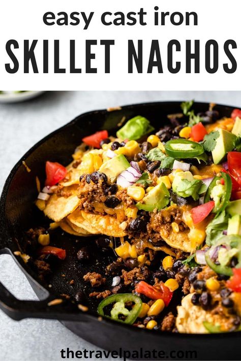 These Skillet Nachos are oven baked in a cast iron pan and loaded with ground beef. This recipe is easy, simple and full of Mexican flavor. Cast Iron Nachos, Skillet Nachos, Cast Iron Skillet Recipes Dinner, Nachos Recipe Beef, Nachos Recipe Easy, Iron Skillet Recipes, Cast Iron Skillet Recipes, Cast Iron Recipes, Nachos Recipe