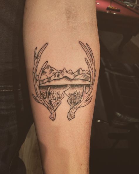 Antler And Mountain Tattoo, Western Country Tattoo, Deer Mountain Tattoo, Doe And Fawn Tattoo, Tattoo Ideas Outdoors, Mountain Scape Tattoo, Outdoors Tattoos For Women, Matching Western Tattoos, Outdoorsy Tattoos