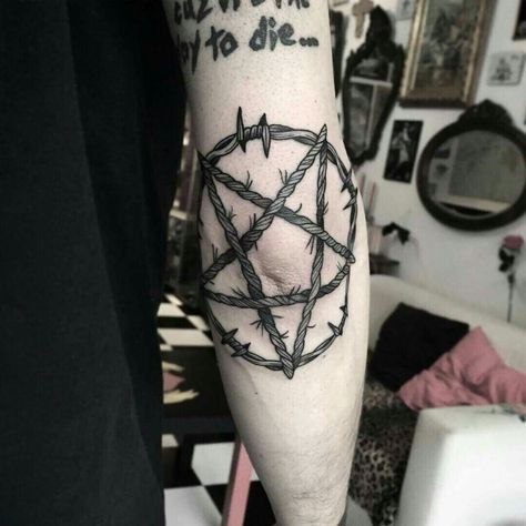 Pentagram Stick Pentagram Tattoo, Subtle Satanic Tattoo, Pentagram Elbow Tattoo, Pentagram Knee Tattoo, Inverted Pentagram Tattoo, Pentagram Tattoo Design, Tattoo Satanic, Pentacle Tattoo, Pentagram Tattoo