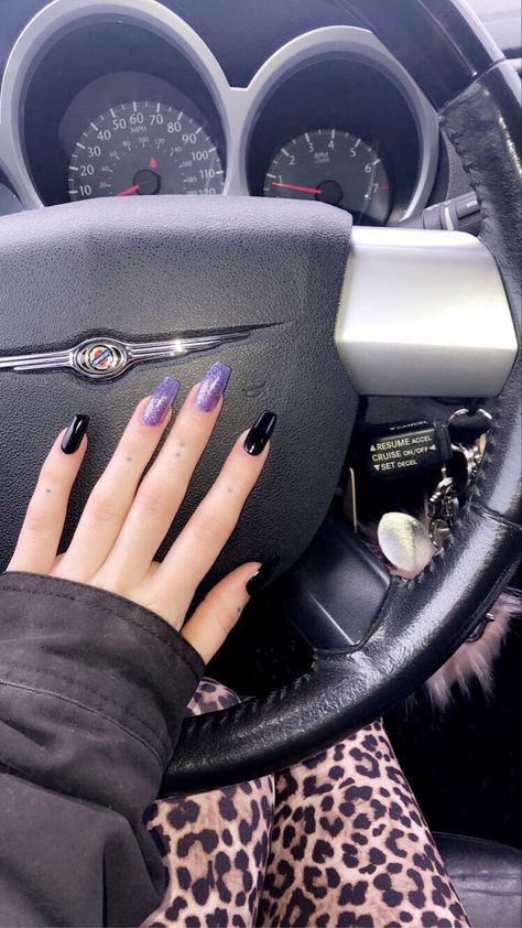 Black and lilac purple glitter pattern acrylic coffin nails simple Black Purple Acrylic Nails, Black Lavender Nails, Nails Acrylic Black French, Black Lilac Nails, Nails Acrylic Black French Tip, Acrylic Black French Tip, Black And Purple Acrylic Nails, Purple And Black Acrylic Nails, Black And Lilac Nails