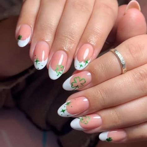 Nail Medium, Irish Clover, White French Tip, Green Shamrock, Nail Type, Glitter Design, Lucky Green, Nail Length, Stick On Nails