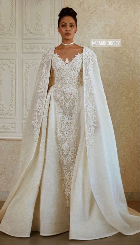 Bridal Dress Cape, Saiid Kobeisy Bridal, Wedding Gown With Cape, Long Tight Dress, Long Tight Dresses, Wedding Dress With Cape, China Mcclain, White Beaded Dress, Saiid Kobeisy