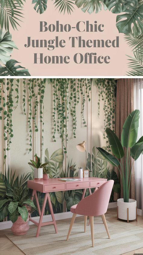 Create a stunning bohemian office space with jungle theme wallpaper! 🍃 Pair it with earthy home decor and tropical plants for a lush vibe. 🪴 Adding boho jungle accents and safari room decor brings a cozy, exotic feel to any workspace. 🌱 Curious about how to make it all work together? 🐒🌞🌴 #bohojungle #bohemianofficespace #junglehomedecor #earthyhome #jungleroomideas #jungledecor #junglethemeoffice #jungleoffice Tropical Vibes Wallpaper, Bohemian Office Space, Jungle Theme Wallpaper, Wallpaper For Office, Safari Room Decor, Bohemian Home Office, Rustic Home Office, Bohemian Office, Office Rustic