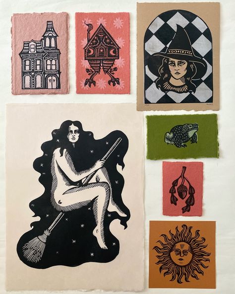 Witch’s Brew 🔮✨ A gathering of some of my witchy prints as Halloween draws nearer.  #contemporaryprintmaking #tattooart #illustrationartists #witchy #babayaga #witchart #cottagecore #whimsigoth Witchy Linocut, Witchy Prints, Contemporary Printmaking, Cottagecore Whimsigoth, W.i.t.c.h Art, Rockville Maryland, Relief Print, Baba Yaga, Print Ideas