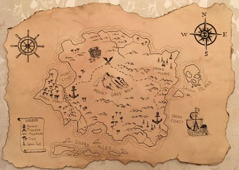 Drawing of a treasure map on antique paper Vintage Map Drawing, Coffee Map Art, Easy Treasure Map Drawing, Map Project Ideas, Old Map Drawing, How To Draw A Map, Diy Treasure Map, Treasure Map Drawing, Map Drawing Ideas