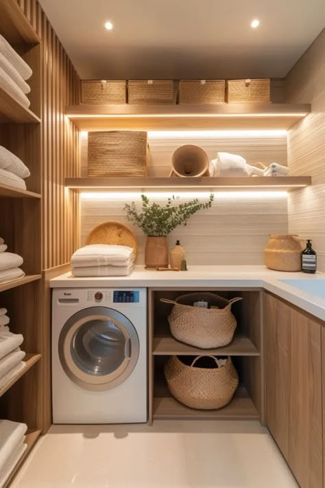 Muji Laundry Room, Laundry Room Neutral, Japandi Laundry Room Ideas, Japandi Interiors Small House, Concealed Laundry Room Ideas, Utility Room Office, Tiny Laundry Room Ideas Space Saving Small Apartments, Zen Laundry Room, Service Room Ideas