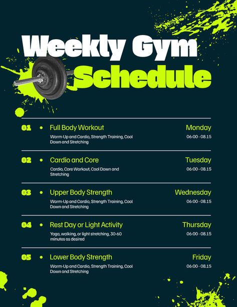 Weekly Gym Schedule - Timetable Exercise Schedule Weekly, Weekly Gym Schedule, Gym Timetable, Schedule Timetable, Gym Schedule, Health Schedule, Exercise Schedule, Workout Schedule, Gym