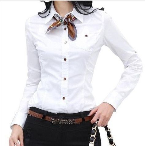 neck scarf Office Top, Scarf Outfit, How To Wear A Scarf, Button Blouse, Elegante Casual, Business Tops, How To Wear Scarves, Work Outfits Women, 가을 패션