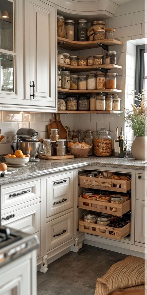 Kitchen Shelf Decor Ideas, Kitchen Shelf Decor, Desain Pantry, Canned Goods, Cottage Kitchens, Kitchen Farmhouse, Christmas Black, Root Vegetables, Cottage Kitchen