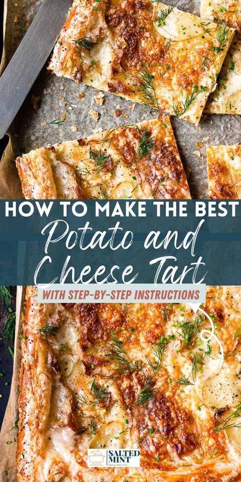 Enjoy this easy potato tart with cheese and puff pastry as a perfect summer appetizer. Simple and delicious, it's a great addition to your summer recipes. Potato Pastry Recipes, Potato Parmesan Tart, Puff Pastry Prosciutto Potato Tart, Dinner Puff Pastry Recipes, Summer Pastry Recipes, Savory Recipes With Puff Pastry, Picnic Snack Ideas Simple, Puff Pastry Dinner Ideas, Phillo Puff Pastry Recipes Savory