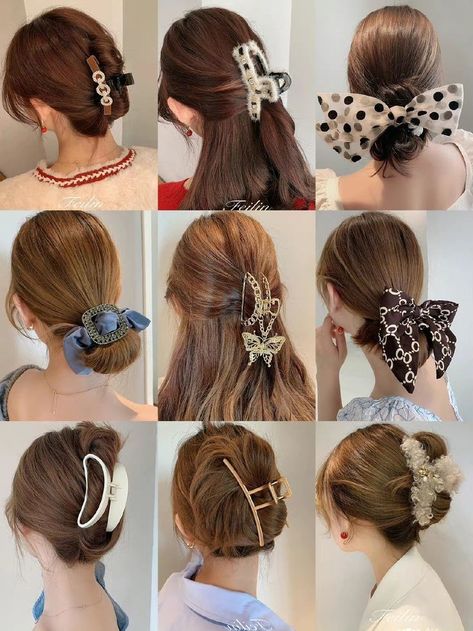 Clam Hairstyles, Korean Wardrobe, Hairband Hairstyle, Kawaii Hair Clips, Girly Hairstyles, Diy Hair Scrunchies, Hair Acessories, Wine Hair, Hollywood Hair