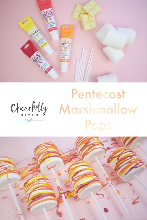 DIY Pentecost Marshmallow Pops - a chance to get messy as you celebrate Pentecost! These Pentecost Marshmallow pops make cheap and easy kid-friendly Pentecost crafts! | Cheerfully Given - Christian Kid-friendly Crafts Pentecost Activities For Kids, Pentecost Sunday School Craft, Pentecost Lesson For Kids, Pentecost Object Lesson For Kids, Pentecost Messy Church, Pentecost Craft, Toddler Bible Lessons, Easter Sunday School, Holiday Club