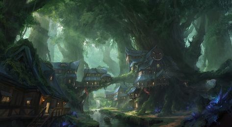 Gnome Village | World Anvil Treehouse Village, Fantasy Treehouse, Dnd Places, Scenery Inspiration, Gnome Village, Forest Village, Fantasy Tree, Arts Stream, Environment Art