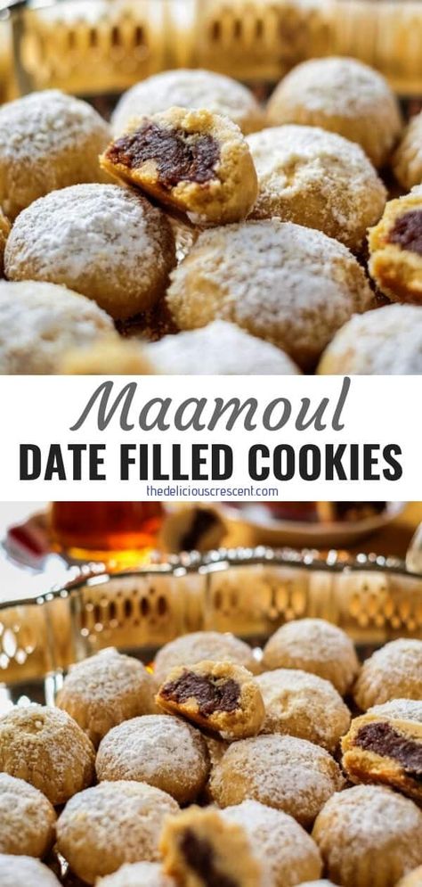 Maamoul are buttery date filled middle eastern cookies that will melt in your mouth and are utterly delicious. Naturally sweetened with dates these have minimal added sugar. They are popular at Eid, Christmas and other holidays. This recipe shows you how to make it with a mold or by hand. These vegetarian cookies are nut-free, egg-free and freezer friendly. #cookie #Mediterraneandietrecipe Maamoul Cookies, Date Filled Cookies, Blueberry Shortbread, Vegetarian Cookies, Date Cookies, Middle Eastern Desserts, Date Recipes, Low Carb Appetizers, Low Carb Low Sugar