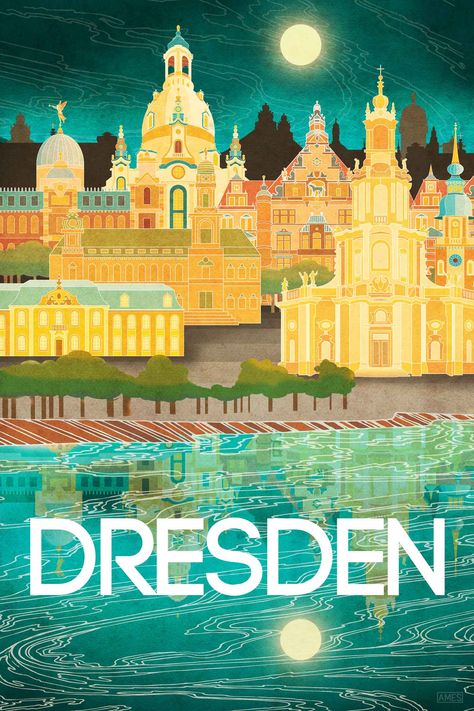 Dresden, Germany vintage style travel poster. Featuring the beautifully rebuilt Dresden old town sitting on the River Elbe, with baroque and rococo style cathedrals and buildings. Perfect for the world traveler in your life. By artist Missy Ames Country Collage, Travel Ads, Dream List, Dresden Germany, Global City, Historical Buildings, Travel Postcard, Travel Savings, Retro Travel Poster