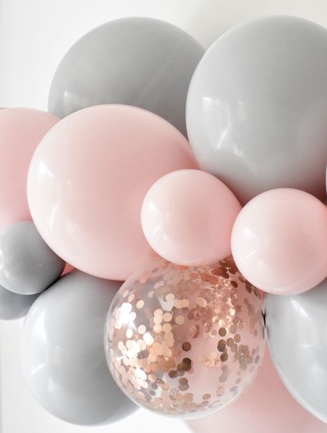 Pink & Grey Balloons Pink Grey Balloons, Grey And Pink Birthday Theme, Pink And Grey Birthday Party Ideas, Pink And Gray Baby Shower Ideas, Small Birthday Ideas, Light Pink Birthday Party, Baptism Balloons, Grey Balloons, Light Pink Birthday