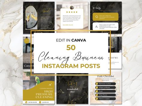 Black and Gold Cleaning Business Instagram Templates - 50 Editable Instagram Posts - Cleaning Services - BONUS Favourite Covers Cleaning Business Facebook Page, Cleaning Service Instagram Post, Cleaning Business Social Media Post, Cleaning Company Social Media Posts, Cleaning Business Flyers, Commercial Cleaning Services, Business Instagram, Daily Checklist, Cleaning Business