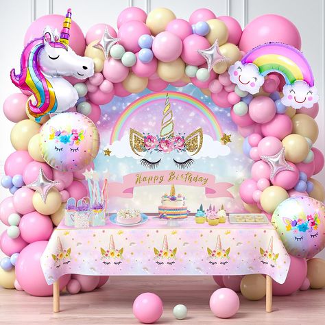 PRICES MAY VARY. 🌈 Pink Unicorn Party Decorations - We have carefully prepared a set of unicorn themed birthday decorations. It comes with 129 latex balloons (5"+10"+12"+18", 3 colors), 1 birthday backdrop (with hole and string), 1 waterproof tablecloth, 8 large size foil balloons (unicorn , rainbow, stars); balloon accessories (glue points, ribbon, balloon chain). This is a rich and complete set of party decorations that can fully meet your needs and host a grand birthday party for your little Unicorn Balloon Arch, Pink Unicorn Party, Unicorn Birthday Decorations, Unicorn Birthday Party Decorations, Fest Temaer, Unicorn Themed Birthday Party, Party Girlande, Unicorn Balloon, Rainbow Unicorn Birthday