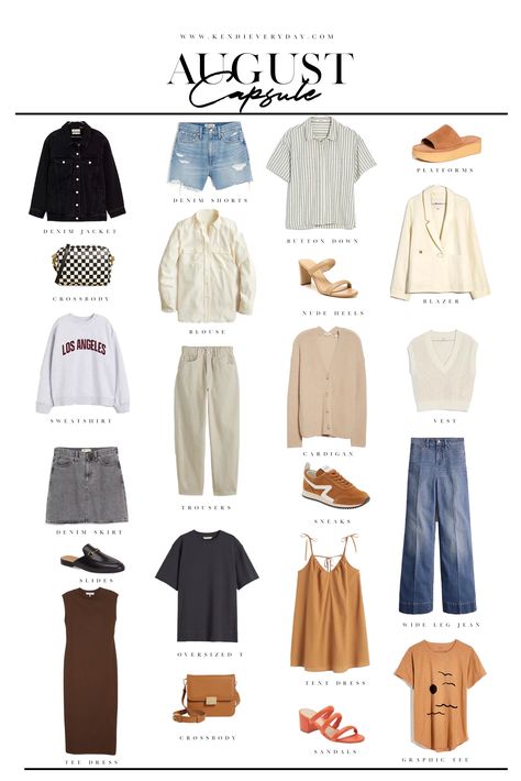 August Capsule Wardrobe | kendi everyday Vancouver Capsule Wardrobe, August Style Outfits, Late Summer Capsule Wardrobe, Late August Outfits, August Fashion 2023, What To Wear In Paris In August, August Outfits Women, Capsule Wardrobe Street Style, Outfit London