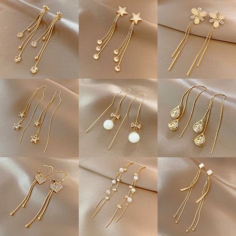 Ear Threader – Elle Royal Jewelry Earrings Korean Style, Earings Design Gold New Model, Fancy Earrings Fashion, Fancy Earrings Gold, Korean Jewelry Earrings, Hanging Earrings Gold, Long Chain Earrings Gold, Fancy Items, Long Earrings Gold