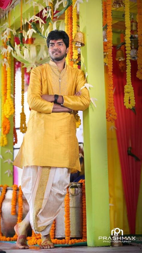 Pelli Koduku Stills, Telugu Groom Wedding Dress, Western Dress Ideas, Indian Suit Designs, Groom Haldi, Indo Western Outfits, Chiffon Blouses Designs, Indian Groom Dress, Mens Traditional Wear