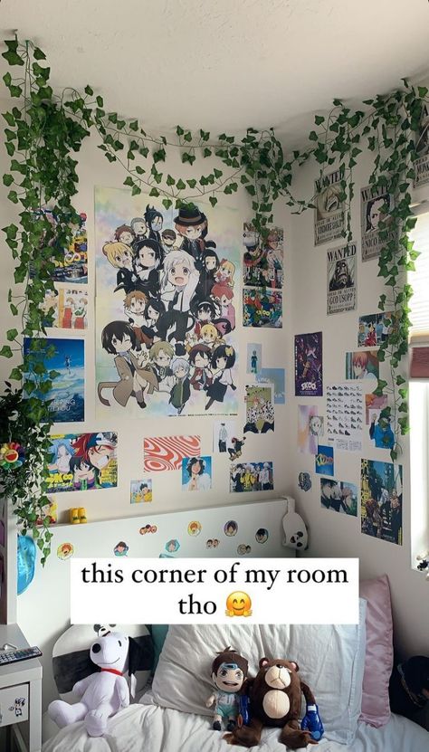 Anime Picture Wall Ideas Bedroom, Anime Bed Rooms Ideas, Simple Anime Bedroom Ideas, Anime Wall Inspo Bedroom, Anime Bedroom Ideas Wall Art, Anime Wall Ideas Bedroom, Anime Ideas Bedrooms, Anime Wall Collage Bedroom, Anime Room Ideas Boys