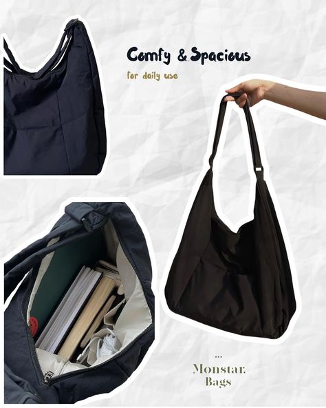 ⋆.˚ Puffy tote • comfy and spacious for daily use ⋆.˚ ▸ Can fit from 13” 14” 16” laptop ▸ price: $10.90 📸 by us 🛍️ DM us to order! 🚫 Order cannot cancel! #monstar_bags #totebag #totebagaesthetic #bag Bdg Tote Bag, What’s In My Tote Bag, Bag Ideas Design, Bags To Sew, Baggy Bag, Diy Laptop Bag, Tote Bag Diy, Everyday Bag Essentials, Uni Bag