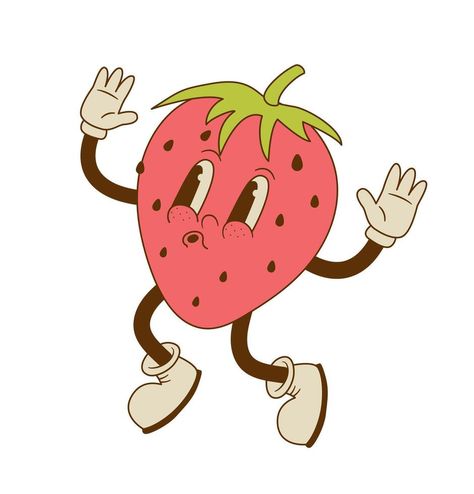 Strawberry Character Illustration, Strawberry Illustration Cute, Strawberry Character, Strawberry Cartoon, Healthy Vegan Food, Fruit Character, Retro Strawberry, Vintage Mascot, Cartoon Strawberry