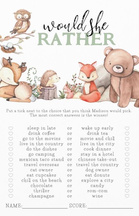 Would she rather? Woodland forest animals themed baby shower game cards. Baby shower game ideas. afflink Woodland Forest Baby Shower Theme, Woodland Birthday Party Games, Baby Animal Theme Baby Shower Ideas, Woodland Critters Baby Shower Ideas, Baby Shower Rustic Theme, Woodsy Theme Baby Shower Ideas, Woodland Theme Decor, Rustic Woodland Baby Shower Ideas, Woodland Creature Baby Shower Ideas