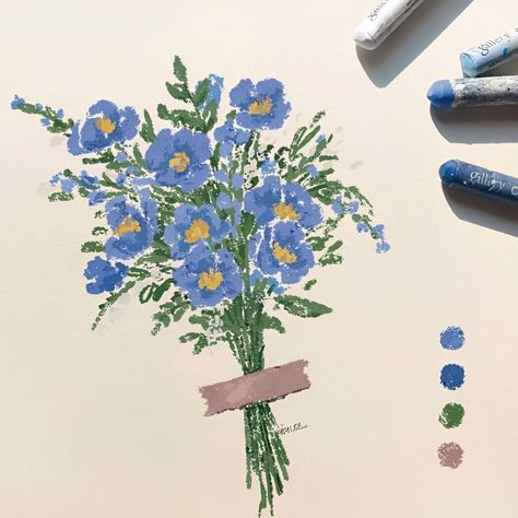 Paper Flowers Drawing, Oilpastel Draw, Pastel Painting Ideas, Pastel Drawing Ideas, Crayons Art, Blue Paintings, Drawing Blue, Oil Pastel Colours, Piskel Art