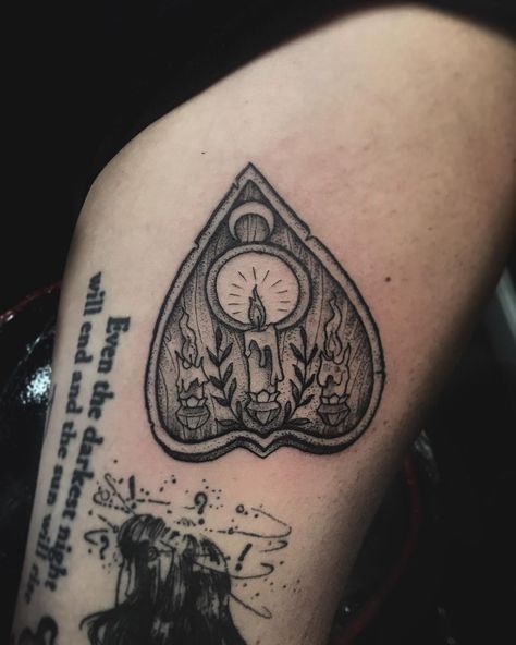 Put some of my client ideas together for this one. Thanks for the trust again! 🖤🌙🔮🕯 #planchettetattoo #planchette #quija #candletattoo… Planchette Finger Tattoo, Ouija Planchette Art, Ouija Planchette Tattoo, Planchette Tattoo, Ouija Tattoo, Doodle Bob, Halloween Flash, Candle Tattoo, Spooky Tattoos