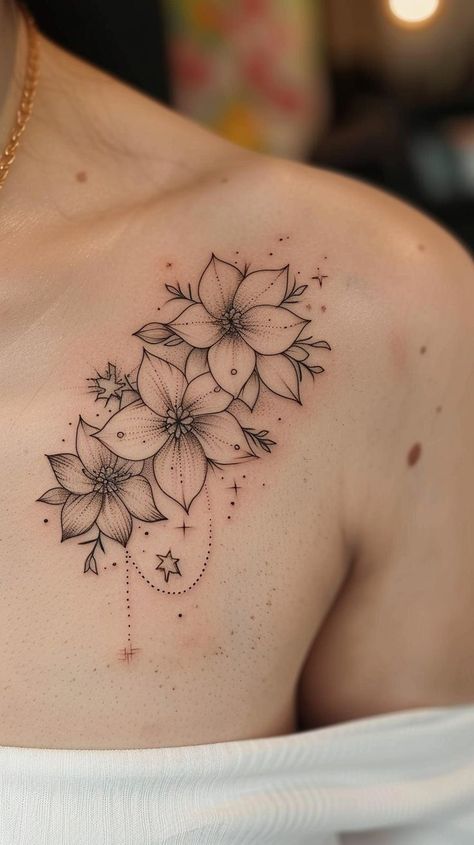 Elegant black ink floral tattoo design on shoulder with intricate details and subtle shading Floral Shoulder Tattoo, Creative Composition, Floral Tattoo Shoulder, Natural Contour, Sunflower Tattoo, Elegant Pattern, Shoulder Tattoo, Back Tattoo, Tattoo Design