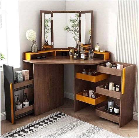 Amazon.com: Makeup Vanity Dressing Table Set Villa Furniture, Vanity Makeup Desk Corner Dressing Table with Mirror Vanity Table Set with Stool 7 Drawer for Makeup Bedroom Set (Color : Wood) : Home & Kitchen Makeup Corner, Corner Makeup Vanity, Corner Dressing Table, Makeup Bedroom, Mirrored Vanity Table, Dressing Table With Mirror, Desk Corner, Corner Vanity, Makeup Vanities