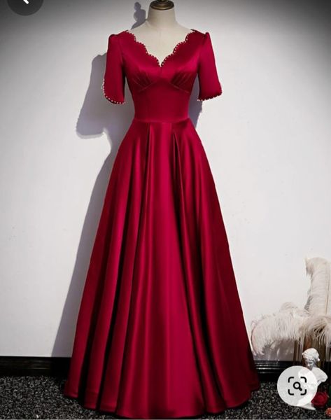 Satin Cloth Dress Designs, Neck Models For Dresses, Bridesmaid Gown Design, Dress Models For Stitching, Dress Stiching Designs, Red Dress With Pearls, Satin Frocks For Women, Satin Gown Bridesmaid, Satin Outfit Ideas