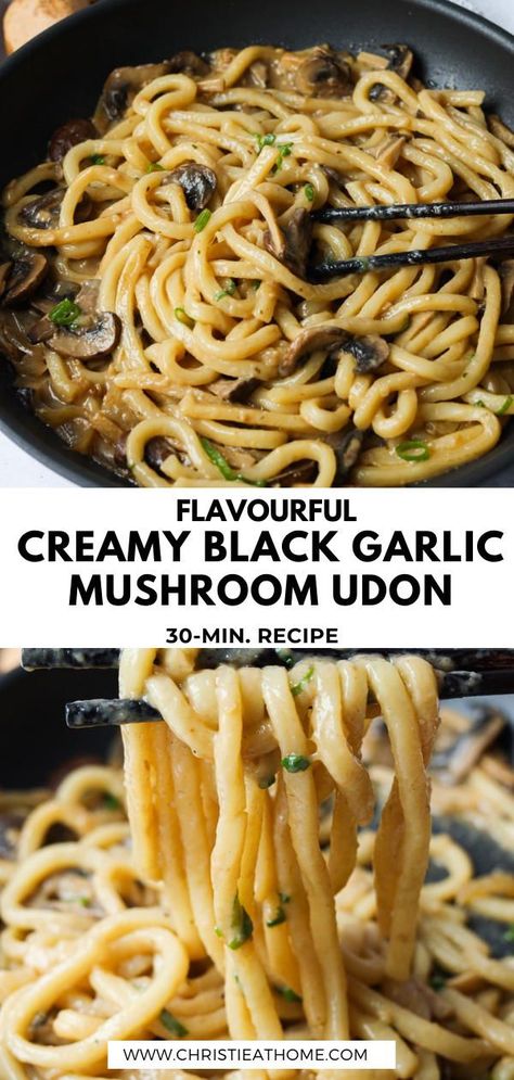 Creamy Black Garlic Mushroom Udon. Bouncy udon noodles smothered in a savoury black garlic mushroom cream sauce that will make you keep coming back for more. Made in only 30 minutes and great for dinner or lunch. This dish comes together easily and can be made dairy-free as well. #easy udon noodle recipe #japanese udon noodle recipe #udon noodle recipe stir fry #udon noodle recipe #udon recipe #udon noodles