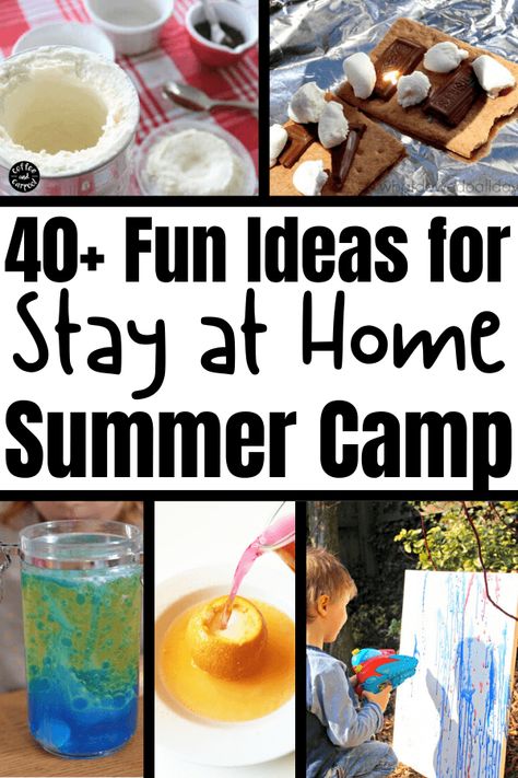 Struggling to find ways to keep your kids busy and entertained this summer? These stay at home summer camp ideas are perfect when summer camp is cancelled and you need to have Camp Mom in your backyard. These summer fun activities are perfect for summer at home and include summer crafts, summer activities, summer games and summer science. #summerfunforkids #summeractivitiesforkids #summercraftsforkids #summerscienceforkids At Home Camp Ideas, Summer Activities At Home For Kids, Mom Camp Ideas, Summer Fun Ideas For Kids At Home, At Home Summer Activities For Kids, Summer Camp At Home Ideas For Kids, Grandma Camp Ideas Fun Activities, At Home Summer Camp Ideas, Home Summer Camp Ideas