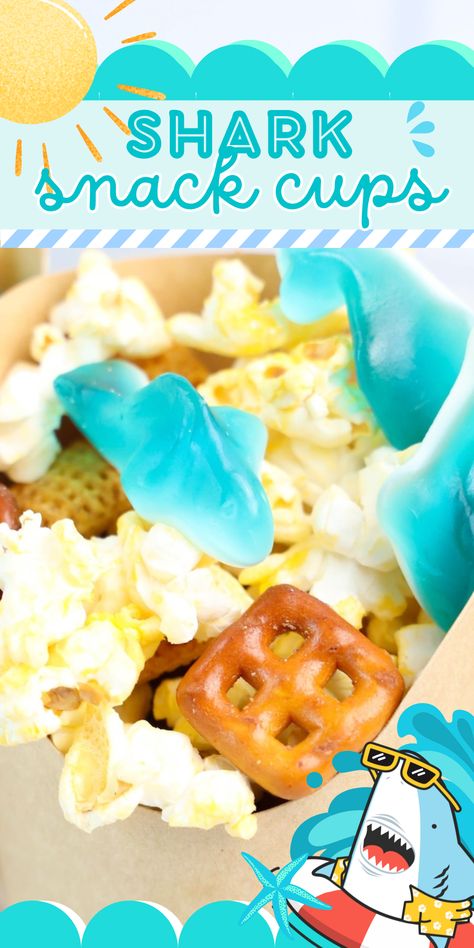 See how to make shark snack cups. These fun shark themed snack mix with chex mix, popcorn and shark gummy candies served in fry cups. Fun for movie nights. Shark Week Snacks For Adults, Shark Popcorn, Shark Bite Drink Non Alcoholic, Shark Week Mocktails, Shark Themed Snacks, Shark Snack Cups, Shark Snacks, Popcorn Mix, Snack Cups